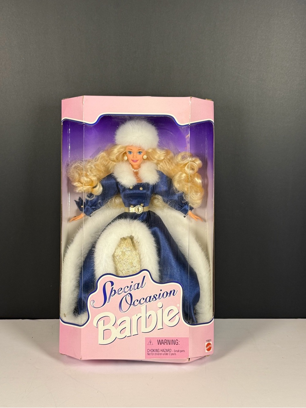 NIB Vintage 1996 Special Occasion Barbie Blue Fur Gown